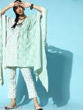 Cream rayon kaftan-style kurta & pants set, printed with digital creme and green motifs, V-neck, three-quarter sleeves