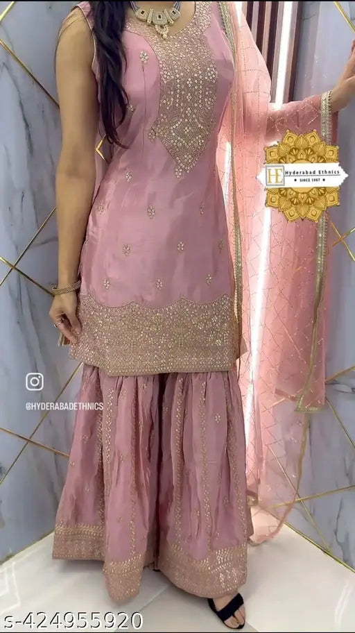Heavy chinon silk top-sarara and dupatta set, embroidered net, ready-to-wear Indian traditional clothing