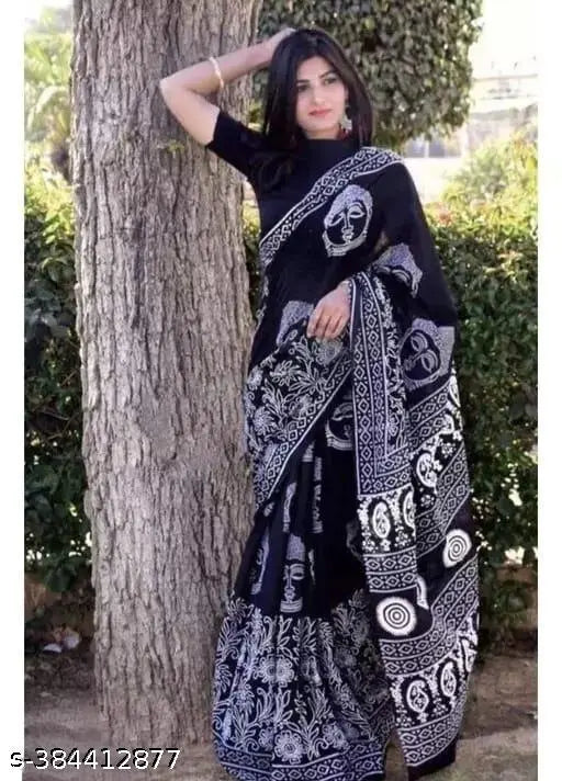 Trandy women's printed cotton saree with separate blouse piece, single free size, Indian origin