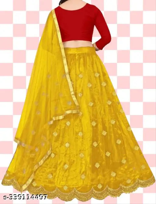 Taffeta silk and net fabric designer lehenga choli set with dupatta, embellished floral stitch for girls aged 4-15 years, India origin