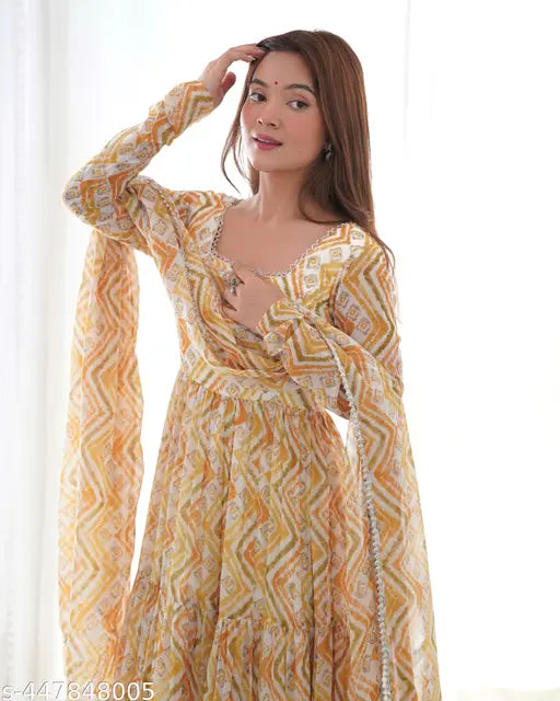 Georgette Anarkali Gown with Duppata set, printed, three-quarter sleeves - vibrant Zigzag print Diwali outfit for women, India origin