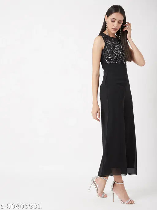 Black Georgette Solid Boat Neck Jumpsuit - Miss Chase Women's Wide Leg Style, Sleeveless, Black Sheer Embellishments