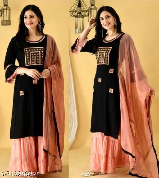 Embroidered Bamboo Kurta Sharara Set with Dupatta and Three-Quarter Sleeves, Indian ethic wear for women M, L, XL, XXL
