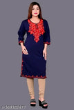 Navy blue woolen kurti with three-quarter sleeves, single solid pattern. Comfortable, true-to-size M (38in bust, 42in length), L (40in bust, 42in length), XL (42in bust, 42in length), available in XXL, XXXL. Made in India