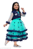 Mint green net party dress for kids, intricate lace flower work, suitable for special occasions