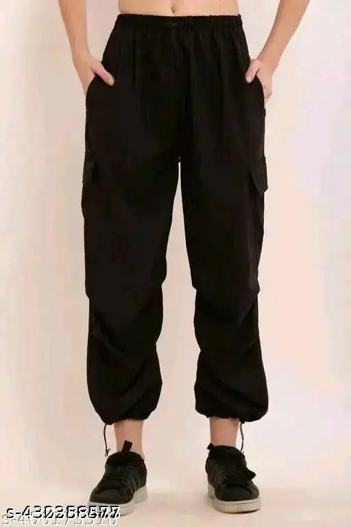 Black Cotrise cargo pants, lycra blend, self-design net, Zooni Collection women's wide leg cargo pants, casual outing