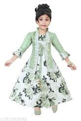 Light pink and green cotton blend new gown with three-quarter sleeves and lace net pattern. Ideal for parties, weddings, festivals, and various occasions. Comfortable and suitable for all seasons. Sizes range from 2-3 Years to 10-11 Years. Indian origin