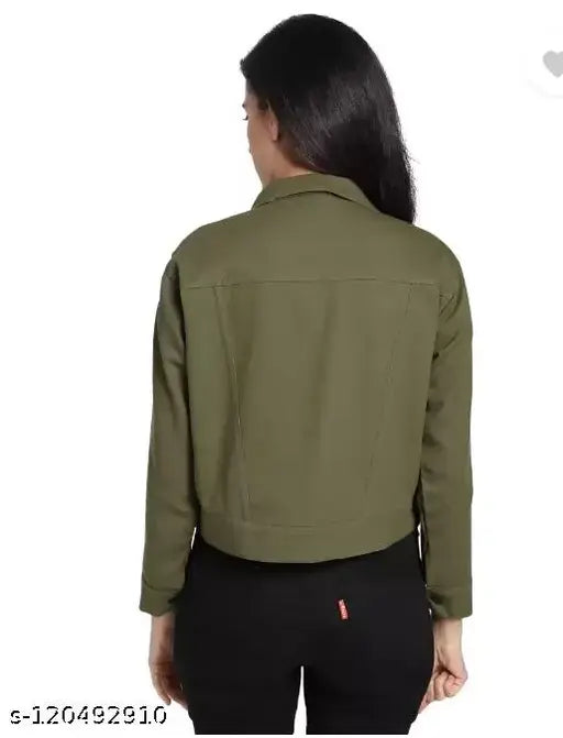 Olive green denim jacket, self-design net pattern, long sleeves. Enhances stylish look with regular collar, ideal for day or night outings. Made from cotton blend fabric