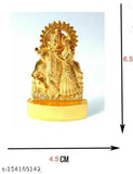 Gold plated Radha Krishna idol with cow on decorative stand, Indian handcrafted religious statue