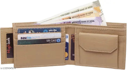 Beige PU artificial leather men's wallet (6 card slots), classic bi-fold design, perfect for travel or office