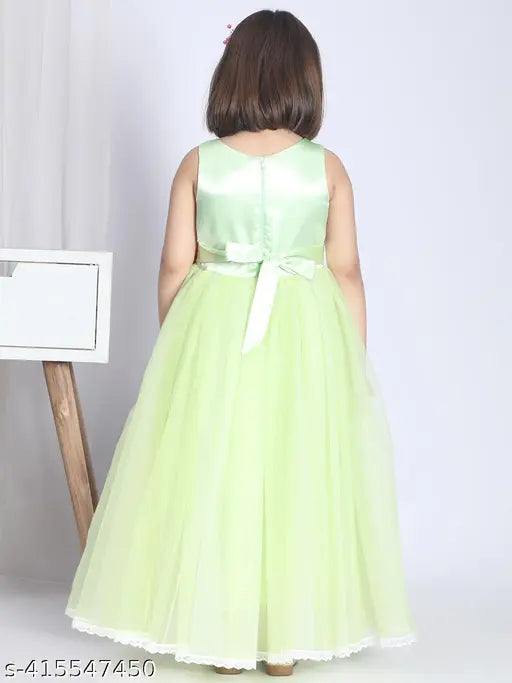 Millitery green net dress for girls party wear, printed toy balloon design, sleeveless and full-length (size 1-2 years)