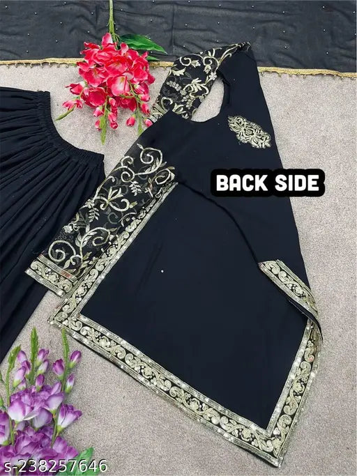 Georgette Sharara Palazzo with heavy embroidery, new designer party wear for free size, solid-color three-quarter sleeve