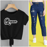 Cotton blend t-shirt and denim jogger combo pack2 - stylish casual outfit, trendy fashion for women made in India