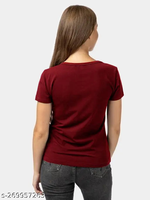 Stylish maroon cotton blend round neck T-shirt for women/girl with printed net design, ideal for summer and winter seasons
