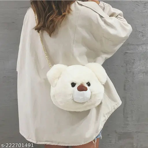 Plush polyester bear fur sling bag, golden chain mobile, perfect for girls & women's personal belongings