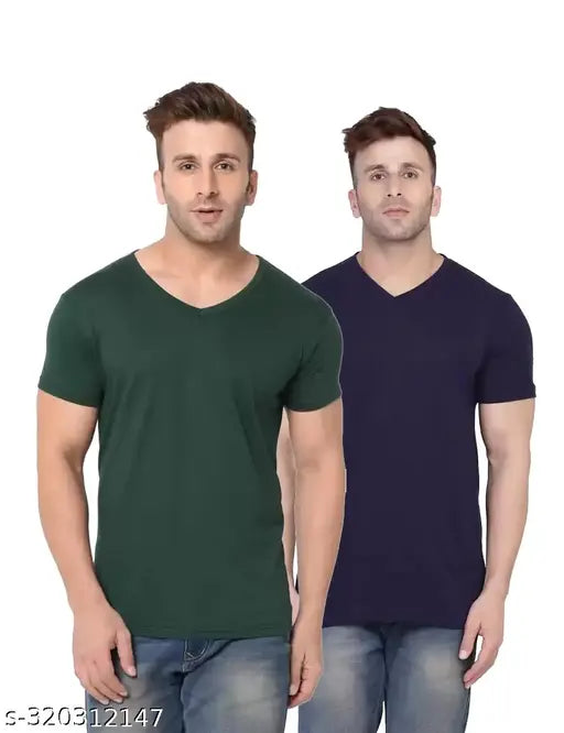 Green cotton Swiftly men's solid V-neck t-shirts pack of 2 (S-XXL), Indian-made short sleeves fashion basics on display