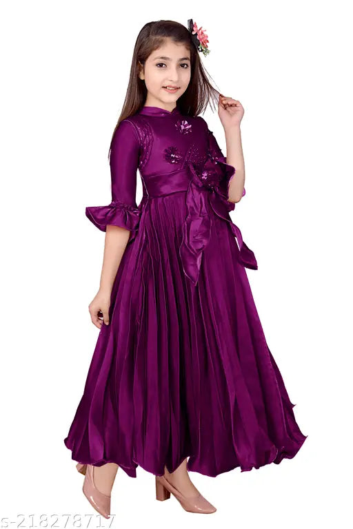 Purple silk blend frock for girls, three-quarter sleeves, solid pattern. Girls dress for 3-4 years (bust size: 22 in, length size: 32 in), attractive occasion wear, made comfortable with flex, India origin