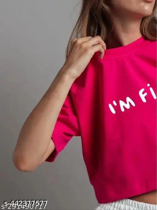 Pink cotton printed crop top T-shirt, half sleeve, round neck, loose fit for girls/women's street style look