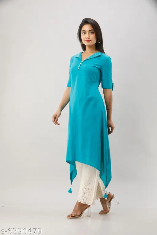 Teal Blue Embroidered Collar Asymmetrical Hem Kurti, women's cotton slub solid, elegant Indian attire for warm weather