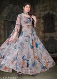 Grey floral Georgette Anarkali dress, three-quarter sleeves, printed net, India-made ethnic wear
