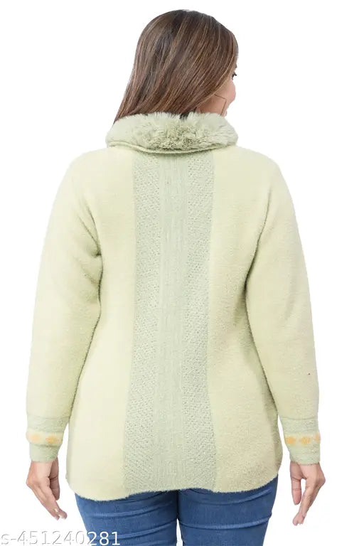 Acrylic fur-trimmed pista cardigan sweater for women's winter wear, self-design knitted pattern on long sleeves