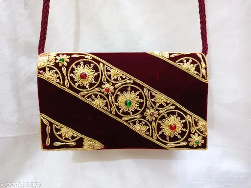 Maroon fabric ethnic clutch, embroidered net design, women's designer crossbody bag (8x5 inches), Indian origin