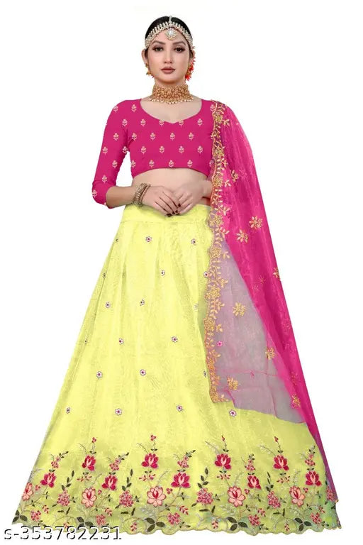 Embroidery Work Net Semi-Stitched Floral Dupion Silk & Net Lehenga Choli with Embroidered Cutwork Border, India