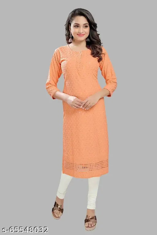 Peach crepe Chikankari women's straight Sequence kurti with saree. Three-quarter sleeves, M-5XL sizes, made in India