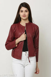 Solid leather long sleeve jacket by Mahroon 3 Jipper Jaicet, Indian-made men's casual wear on hanger