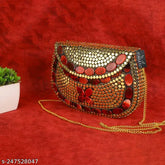 Golden and red metal clutch party bag, solid net design with metal chips and stones, handmade vintage accessory for parties