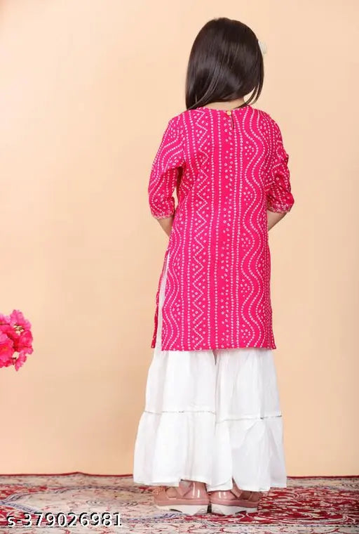 Rayon Bandhani printed Kurta and Palazzo set for girls, vibrant embroidery work, A-line top with three-quarter sleeves, size 5-12 years, India origin