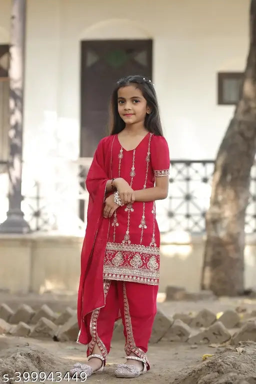 Maroon Georgette Dhoti Kurta Set with Embroidery, Kids Durga Pujaa Special, A-line top & above knee length, perfect for traditional Indian festivities