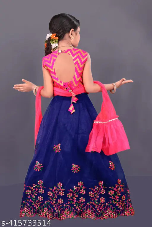 Pretty stylish kids' cotton-silk lehenga choli with embellished embroidery, ideal for special events. Indian crafted