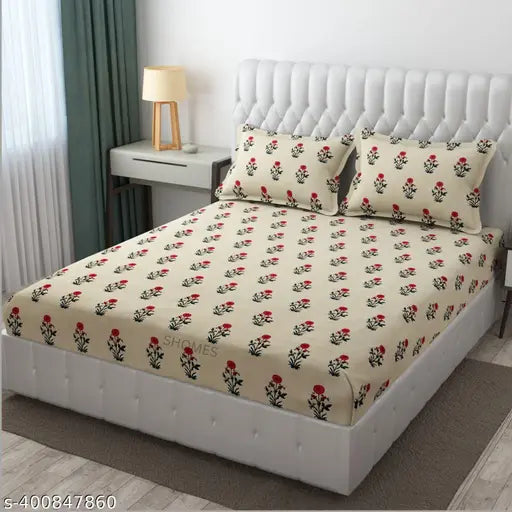 Cream cream-toned 250 TC premium soft cotton elastic fitted King Size Double Bed Sheet with two pillow covers, featuring a 360 elasticated floral pattern. Ideal for adding comfort and elegance to your bedroom decor