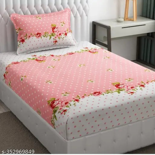 Cotton blend single fitted bedsheet with 1 pillow cover, botanical pattern, ideal for summer