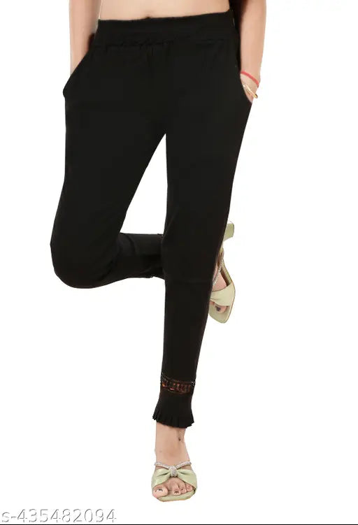 Trendy cotton blend pencil trousers, solid net pattern, lace panel, semi-formal. Size L, XL, ideal for casual, office, party wear
