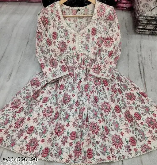 Multicolor tribal printed viscose rayon V-neck pleated kurti with three-quarter sleeves for women