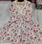 Multicolor tribal printed viscose rayon V-neck pleated kurti with three-quarter sleeves for women