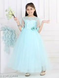 Sky blue embellished hi-low dress for girls, net fabric with three-quarter sleeves, party wear from India