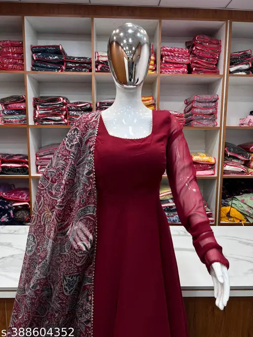 Maroon faux Georgette Anarkali dress with dupatta, long sleeves, flared fit, suitable for festive/party wear