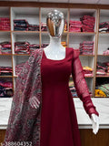 Maroon faux Georgette Anarkali dress with dupatta, long sleeves, flared fit, suitable for festive/party wear