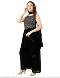 Vibrant printed Georgette Sharara Kurta & Dupatta set with three-quarter sleeves. Indian hand-embroidered women's ethnic wear