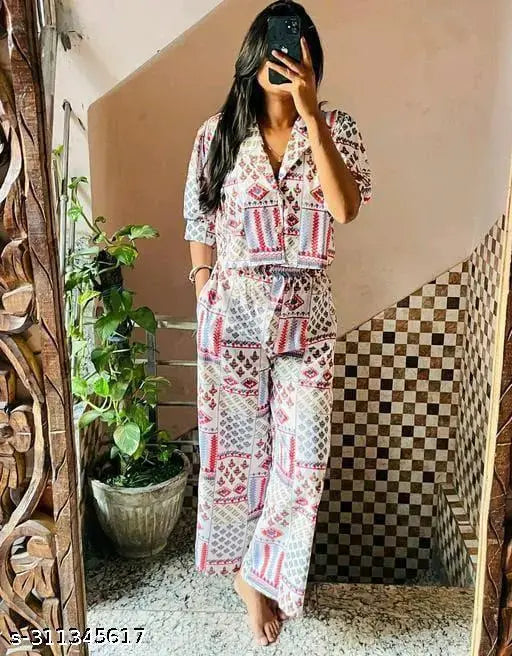 Rayon top-polycotton bottom trendy fashion set with three-quarter sleeves, Indian origin
