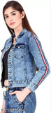 Long-sleeve striped denim jacket, solid pattern, women's wear by Saman Fashion Wear, size S (34in bust, 22in length), made in India