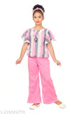 Pink Georgette Palazzos Set on Girls, handcrafted with floral detail, cotton blend bottom, kid's party attire for festive seasons