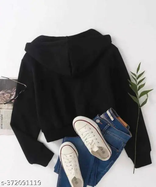 Premium women's fleece hooded sweatshirt, long sleeves, solid color, cropped design, soft & warm, casual yet trendy, made in India