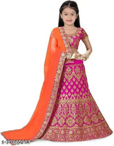 Traditional pink embroidered satin Lehenga-Choli, perfect for ethnic occasions. Short-sleeved blouse with matching dupatta, semi-stitched and comfortable." (124 characters)