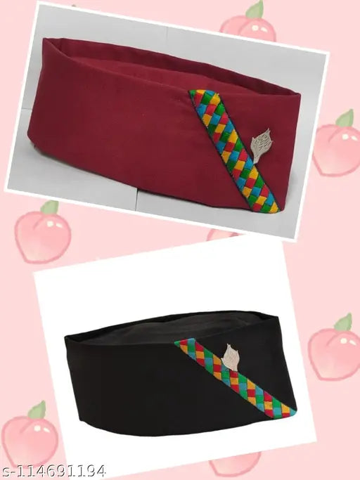 Maroon & black cotton Pahadi Modi flat cap, traditional Indian beret
