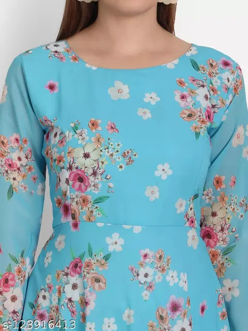 Sky blue printed georgette dress, long sleeves, digital printed heavy georgette with inner full lining, designer gown for women
