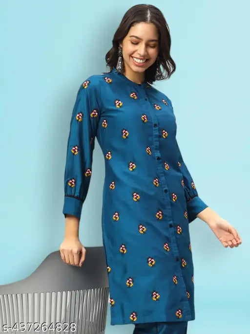 Silk blend ethnic women's coord set, embroidered kurta & ankle length trouser - versatile Indian wear for all occasions